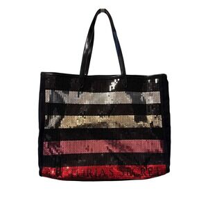 Victoria Secret Sequin Stripe Tote Bag Black Canvas Silver Gold Pink Red Large